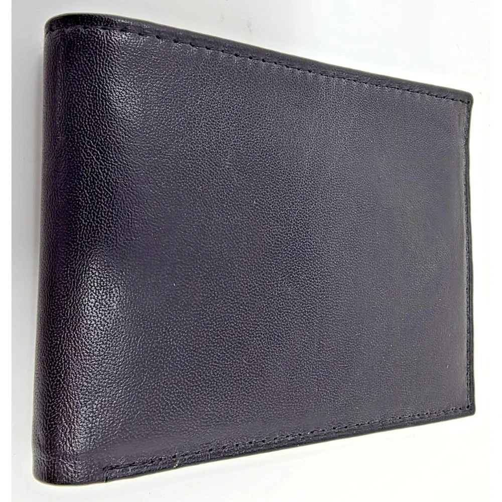 Men's Black Top Grain Leather Bifold Wallet ID Window Credit Card Holder NEW - Picture 1 of 9